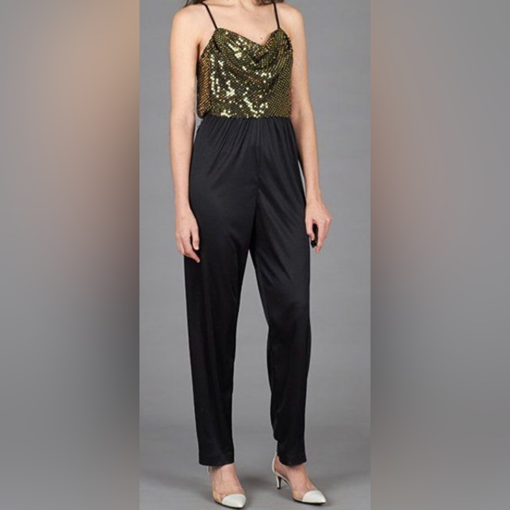 Pellini 80s Black Tappered Leg Jumpsuit Withgold Sequin Top